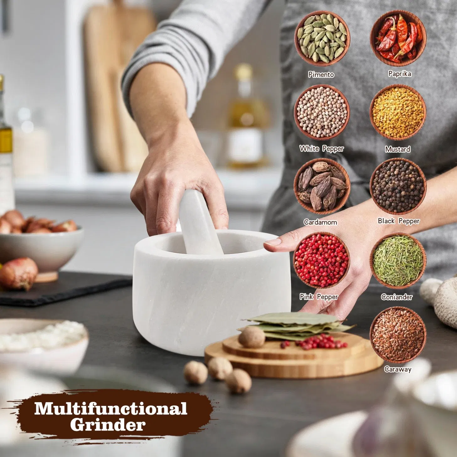 Amazon Hot Selling Exquisite Handcrafted Marble Mortar and Pestle Sturdy Stone Mortar and Pestle Set for Grinding Garlic