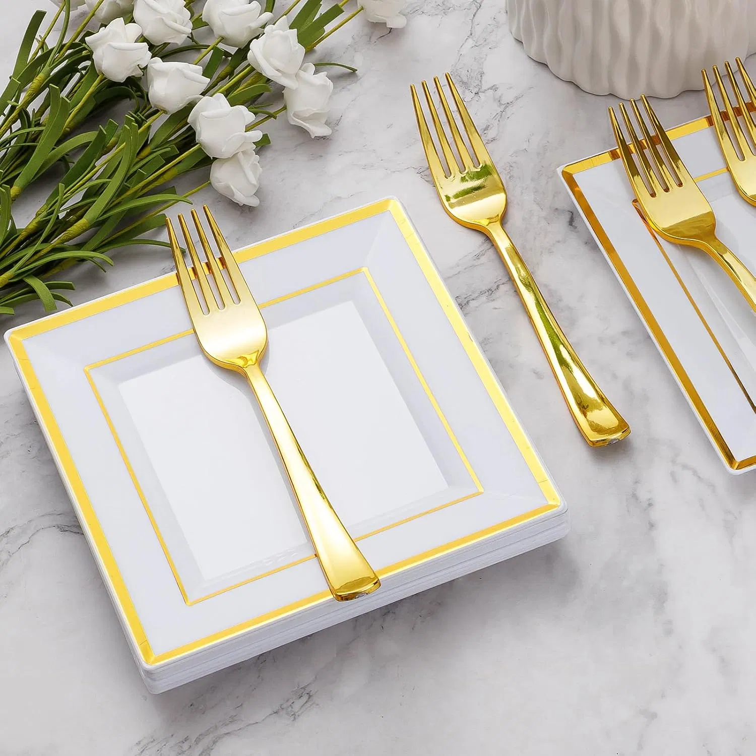 Elegant Gold Square Disposable Dessert Plates for Parties