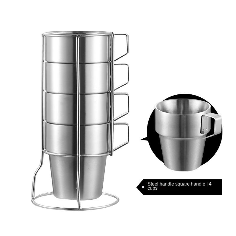 Stainless Steel Double-Layer Coffee Mugs Set with Metal Rack Stackable