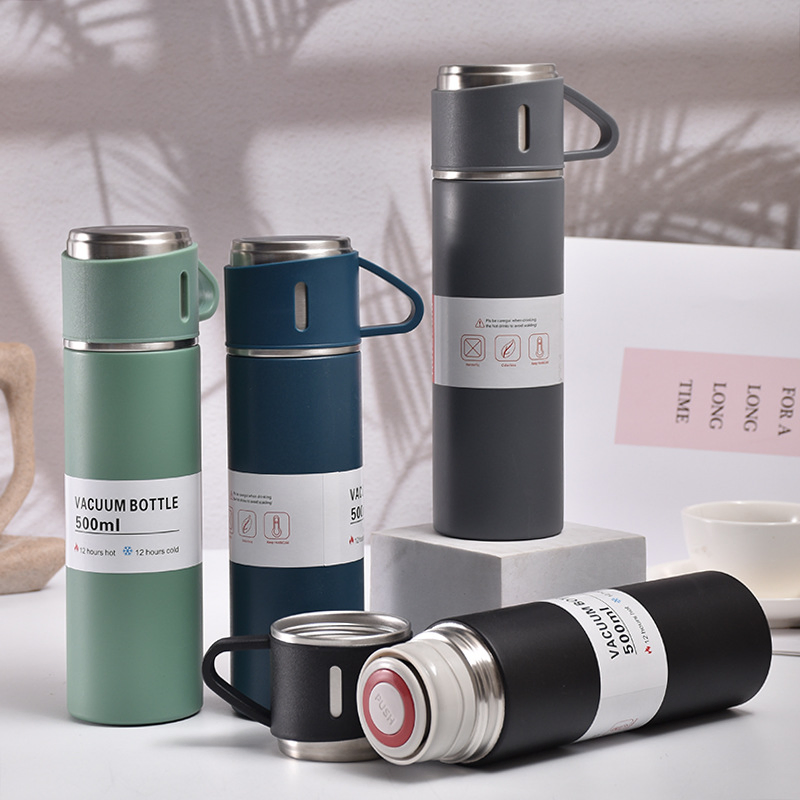 Custom 3 Three Lids Cups Vacuum Insulated Stainless Steel Vacuum Flask with Lid Thermos Water Drinking Vacuum Flask Set Vacuum Flask Gift Set 500ml