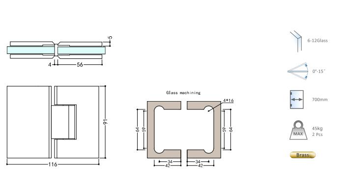 Brass Shower Hardware Left/Right 180 Degree Automatic Closing Glass Door Hinge