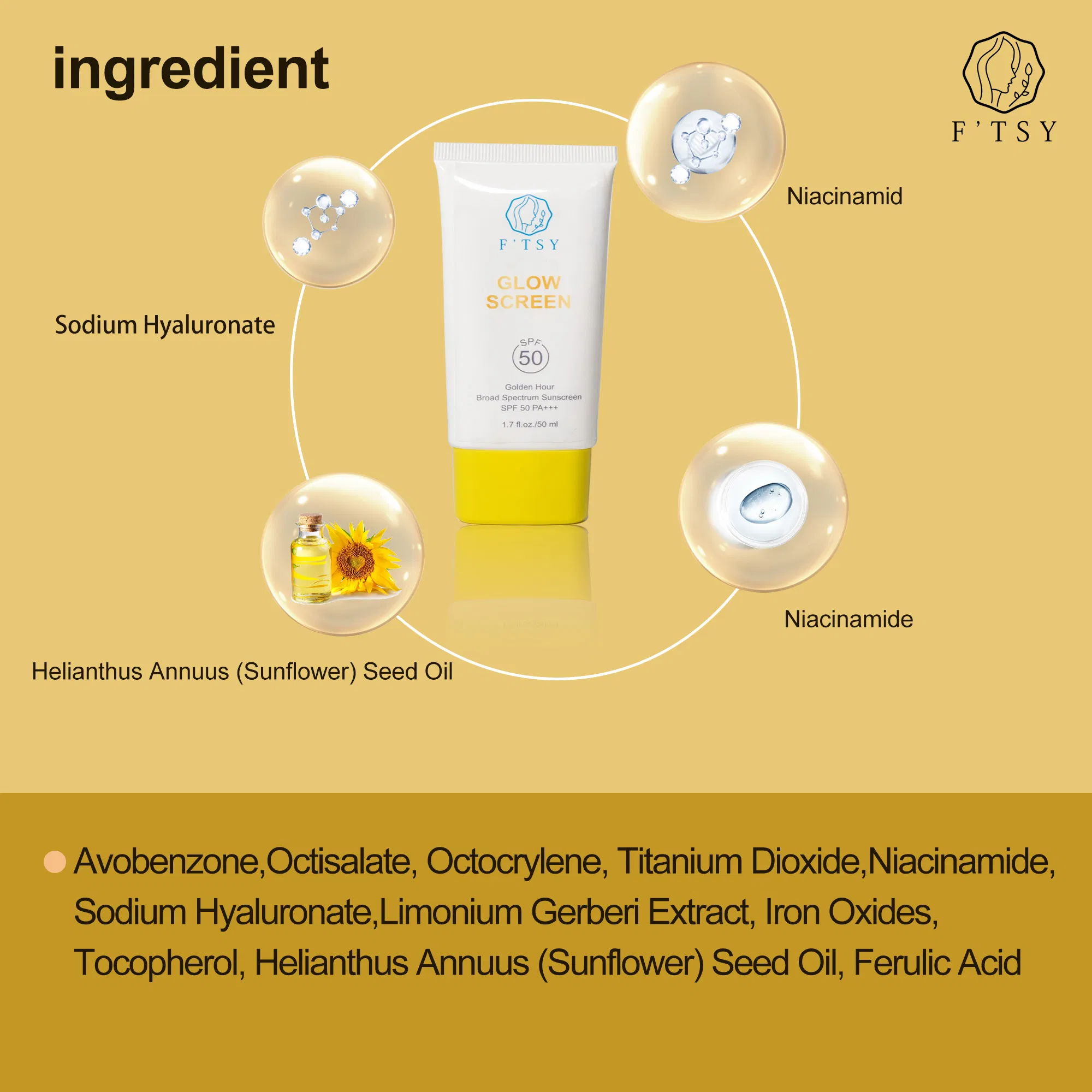 Wholesale Natural Organic SPF50 Face Sunscreen Body and Face Glow Sunscreen