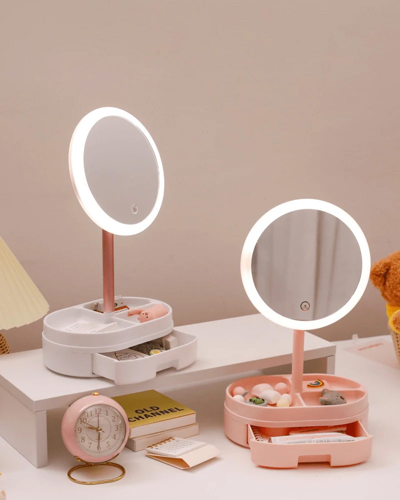 Desk LED Lighted Touch Screen Portable Mini Makeup Mirror Multi-Function Storage Makeup Box Cosmetics Rack Mirror