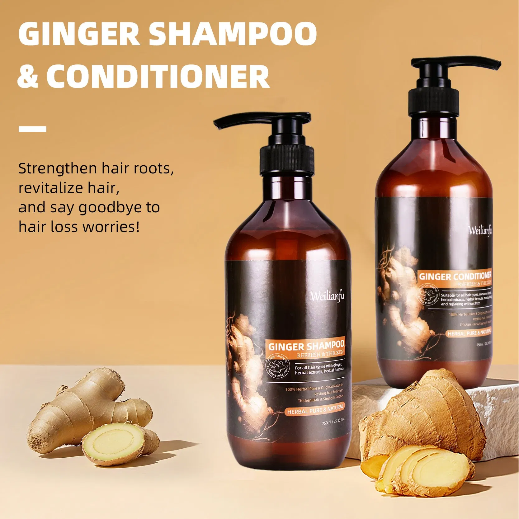 Herbal Ginger Hair Care Shampoo and Conditioner Set Hair Anti-Loss Prevention Hair Growth Strengthens Hair Roots Shampoo