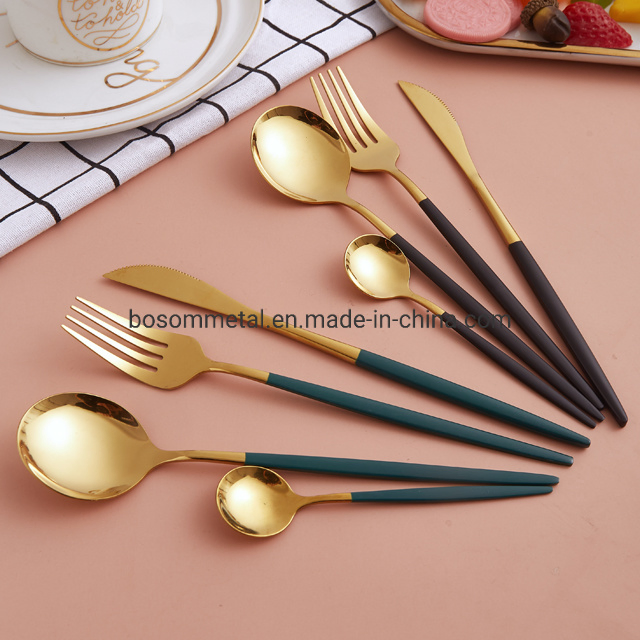Korean Style PVD Golden Painting Knife Fork Spoons Handle Painting Stainless Steel Flatware Set Cutlery Gold Set