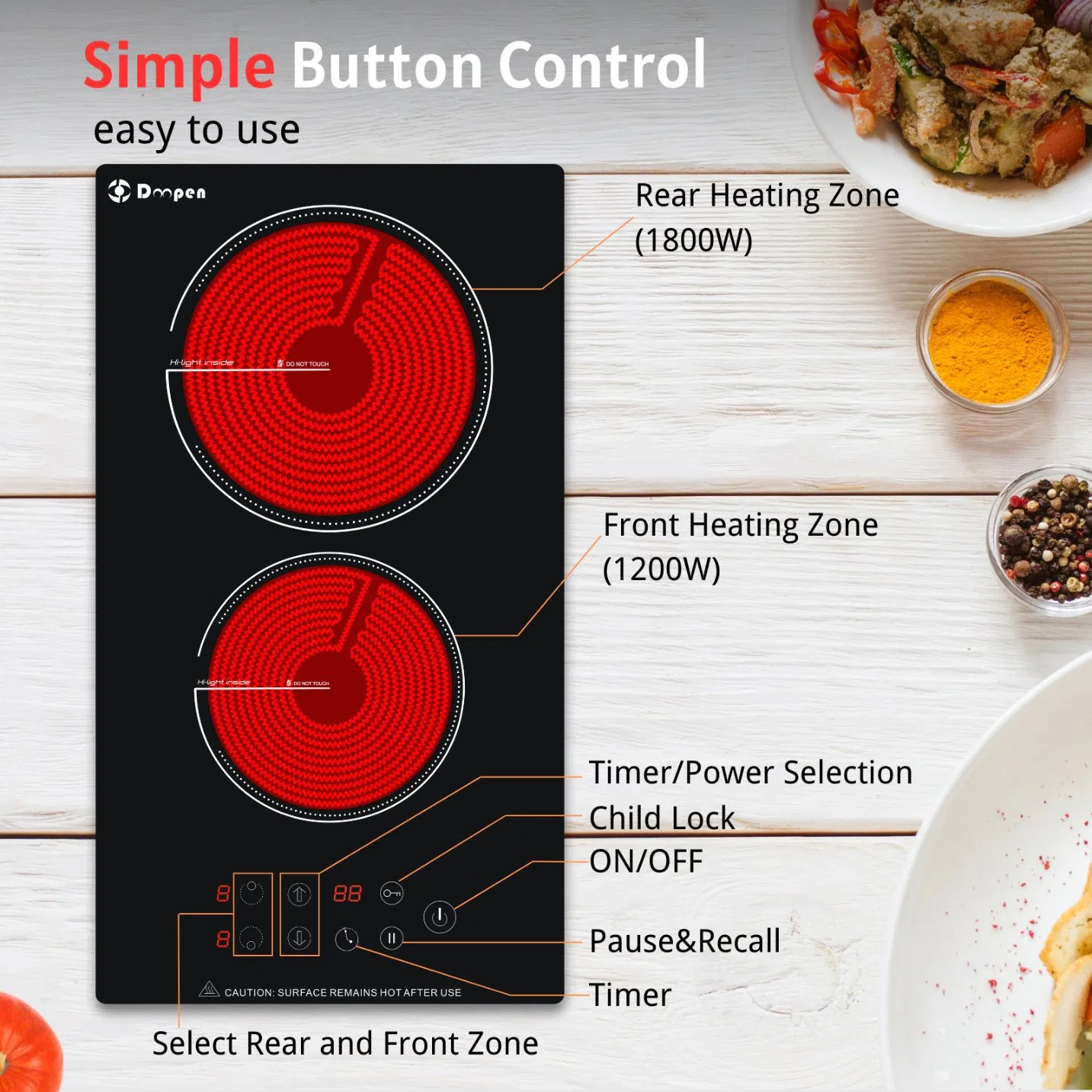 Electric Cooker 3000W Built-in Ceramic Cooktop 2 Burner Infrared Cootop