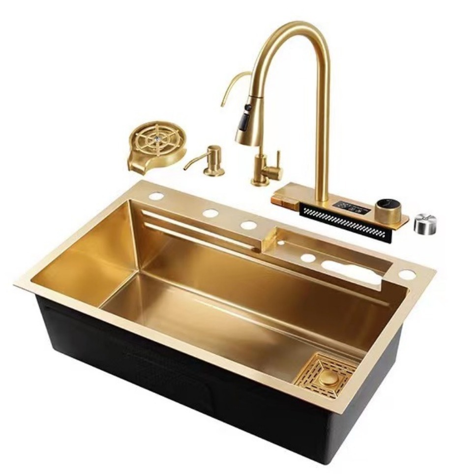 Golden High-Quanlity Smart Digital Waterfall Handmade Stainelss Steel Kitchen Sink