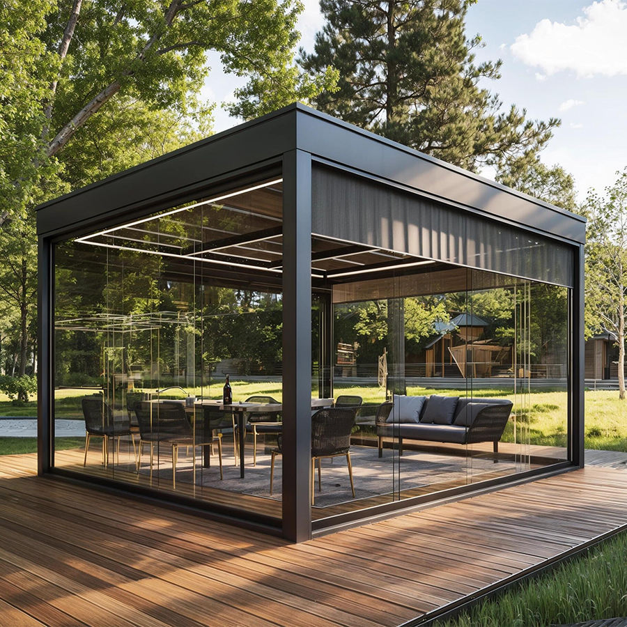 Custom 4 Season Aluminum Frame Glass Villa Courtyard Flat Roof Tempered Glass Design Greenhouse Sunroom