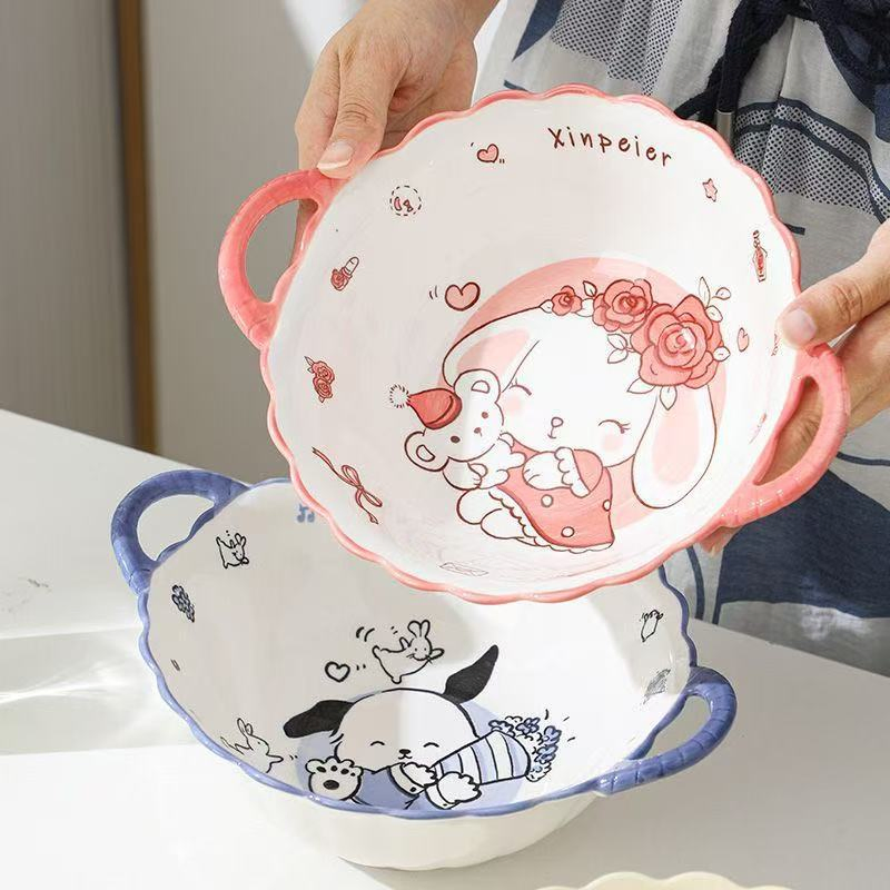 10"Food Soup Bowl with Hands Cartoon Pad Printing Stoneware Porcelainware Tableware