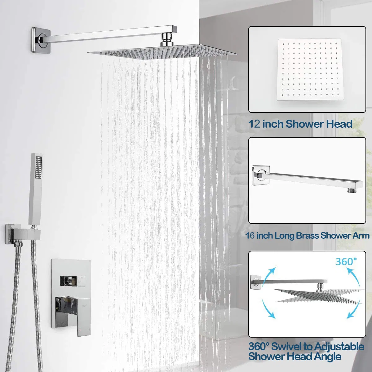 Aquacubic Bathroom Chrome Brass Rainfall Shower System Wall Mount Shower Set Shower Mixer Faucet Set
