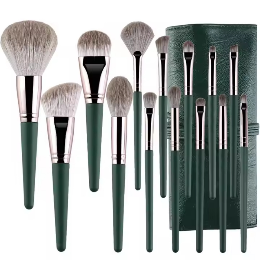 14 PCS Cosmetics Brushes Green High Gloss Powder Blush Makeup Brushes Set