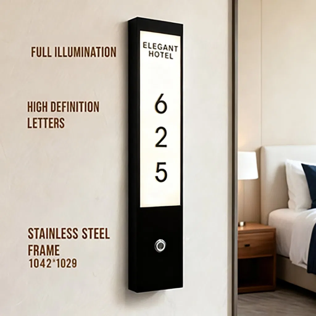 Customized LED Panel Stainless Steel Apartment Acrylic Hotel Door Sign LED Light Hotel Room Number Side View Illuminated Sign
