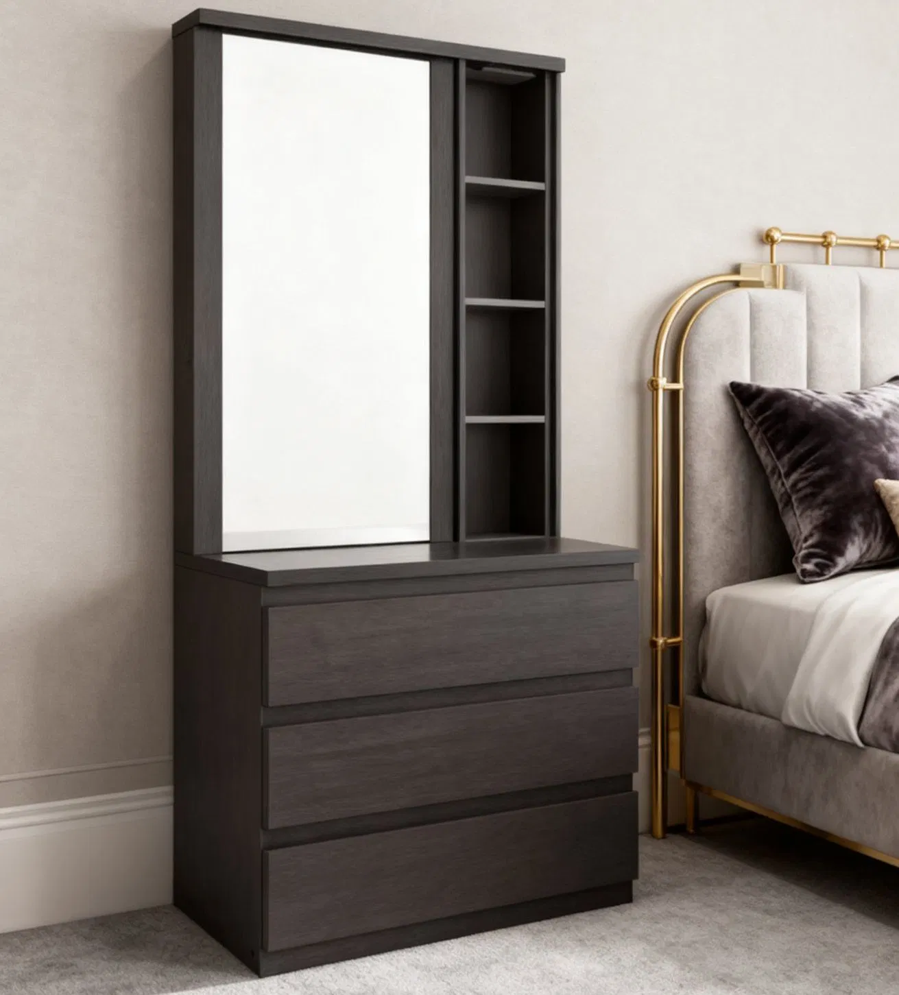 Modern Black 3-in-1 Full-Length Mirror Dressing Table with Storage for Bedrooms&Living Rooms