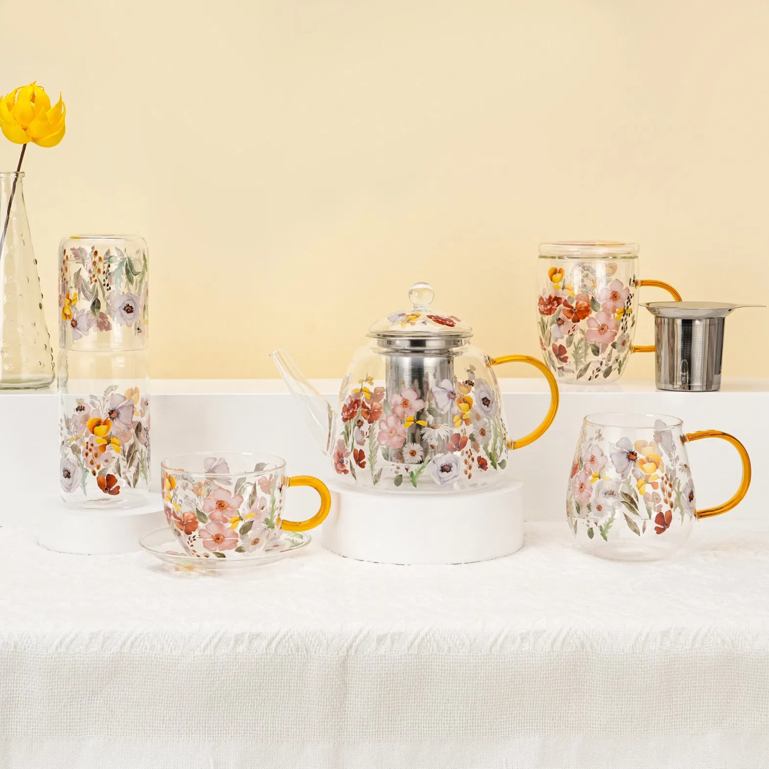 Floral Pattern Glass Mug Coffee Tea Cup Teapot Set with Filter Glassware