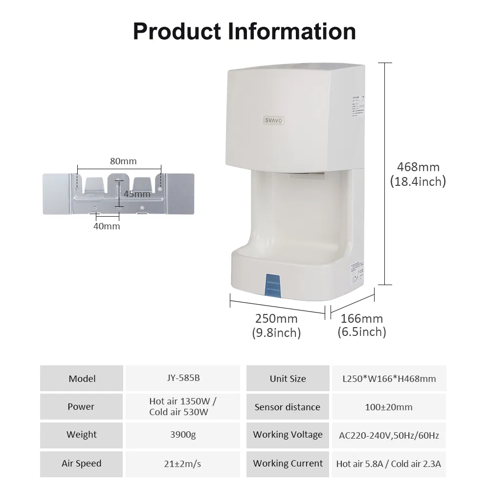 Commercial Public Restroom Wall Mounted Smart Warm Cold Wind Hand Dryer with Tray