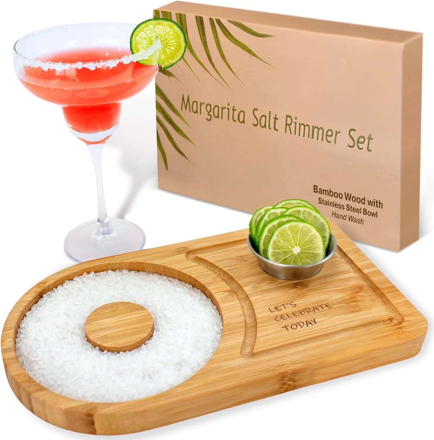 Margarita Bamboo Wood Salt/Sugar Rimmer Set W/Bowl & Room for Margarita Accessories