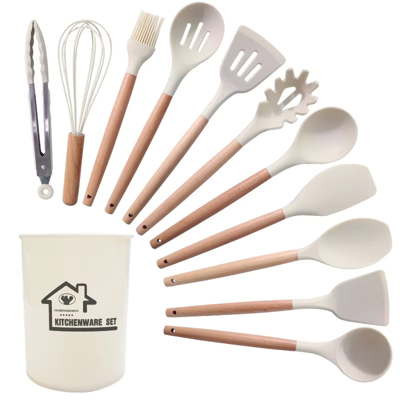Silicone Kitchenware Set 12 Pieces Cooking Tools Kitchenware, Shovel Silicone Kitchenware Set with Wooden Handles