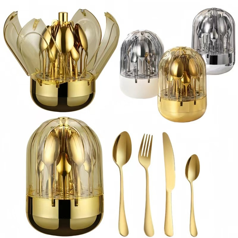 Large Silver Egg Cutlery Stainless Steel Western Knife, Fork and Spoon 24 Piece Silver Egg Snack Plate Egg Shaped Set