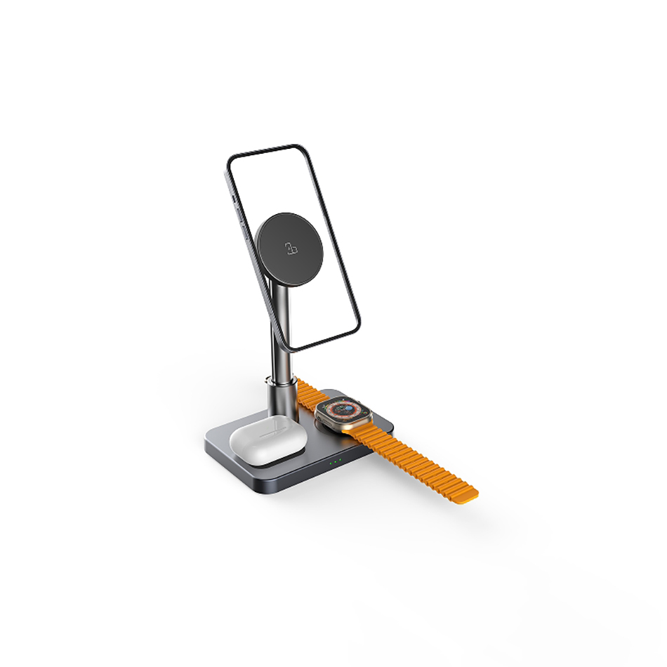 New Metal Desktop Cellphone Stand 3 In1 Charging Station Fast Charging Wireless Charger for iPhone 16 PRO Max/15 PRO Max/iWatch 7/Airpods Earphone