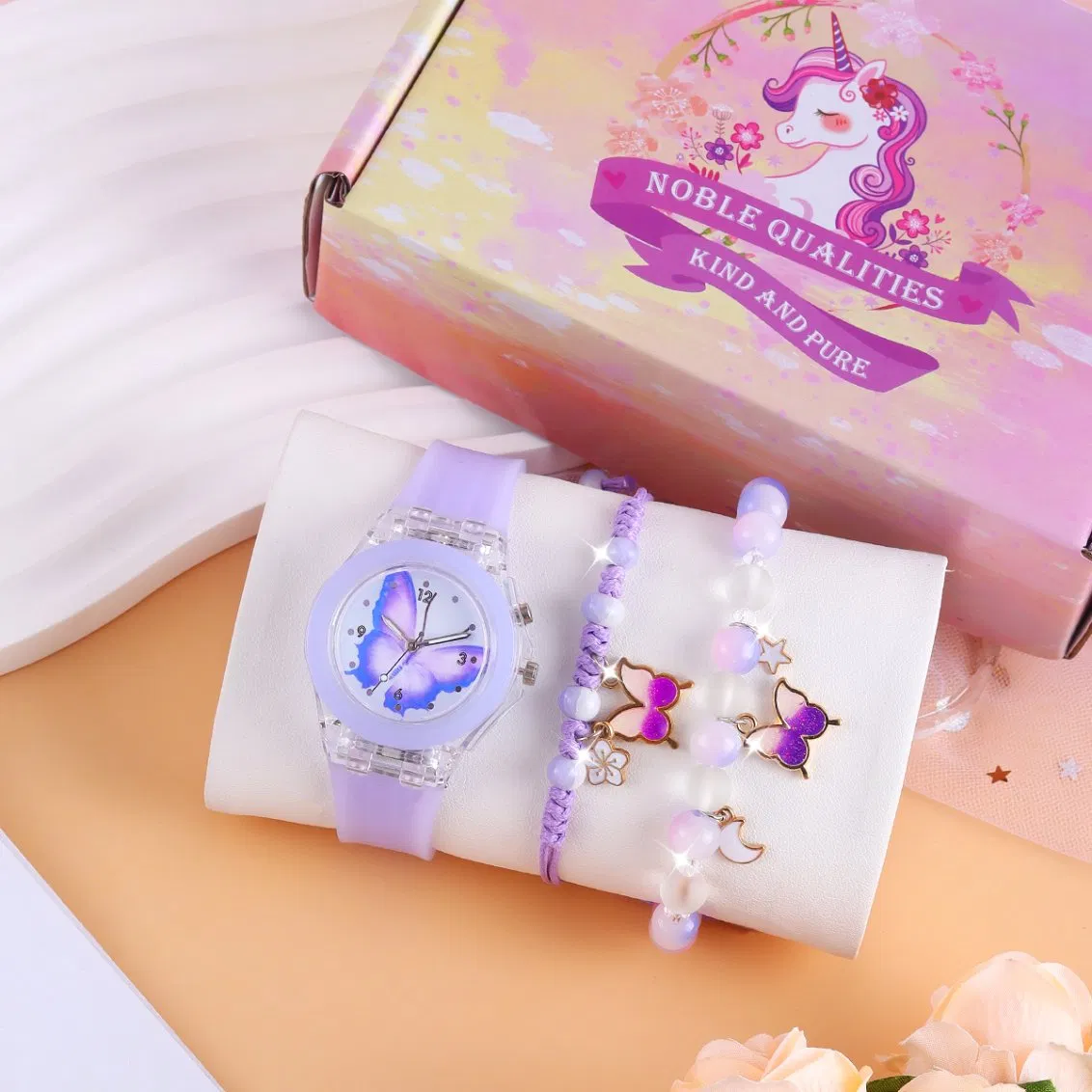 Girls Purple Watch Set Light Cartoon Butterfly Bracelet Gift Box