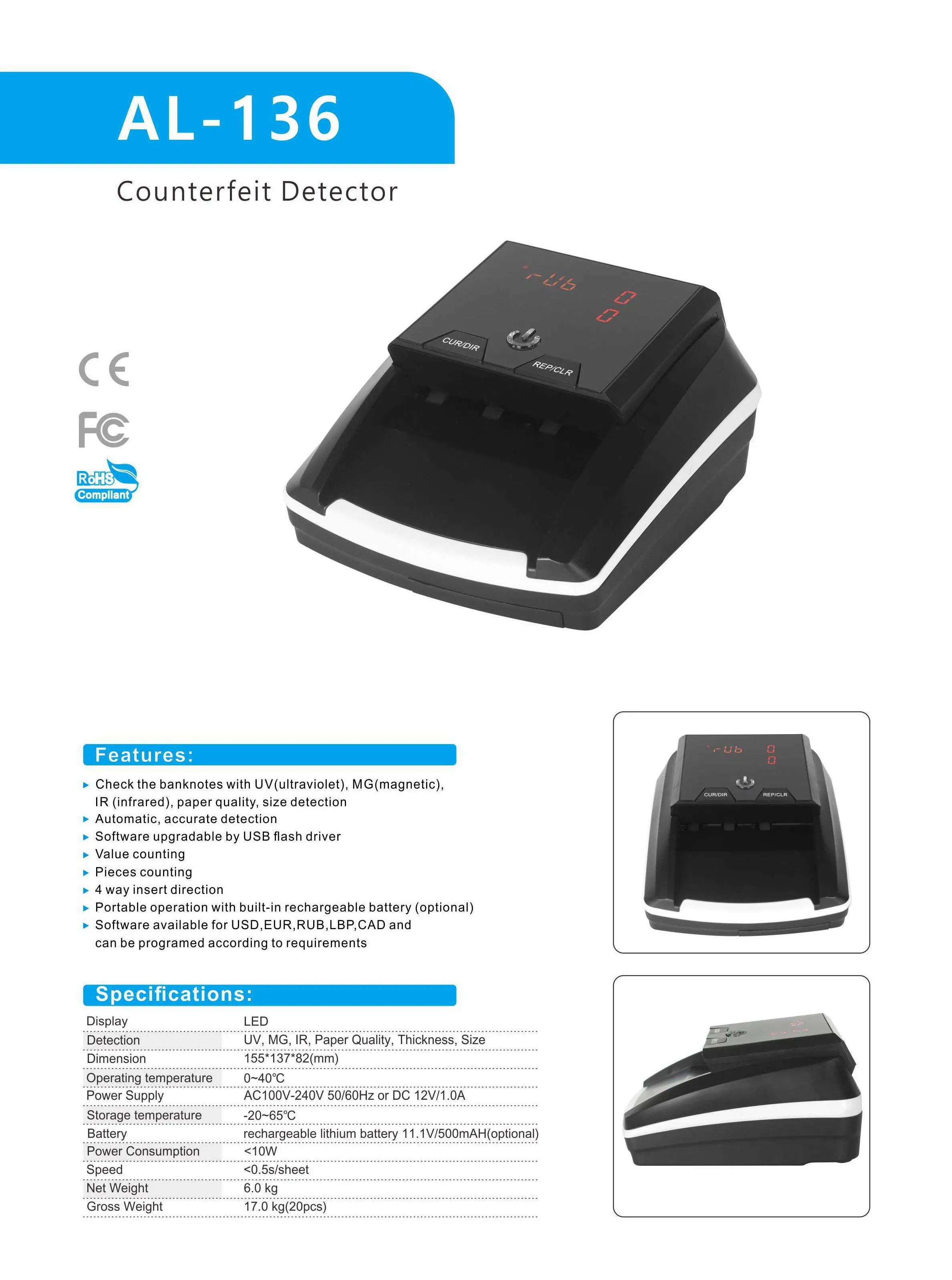 Al-136 Counterfeit Detector UV/Mg/IR Fake Money Detector Portable