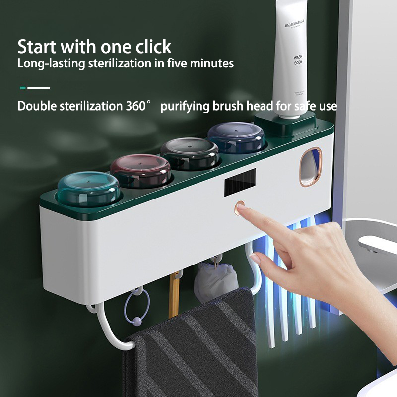 Rechargeable Bathrooms Smart Sterilizing Toothbrush Holder Toothpaste Dispenser UV Sterilizer Multi-Cup with Hook