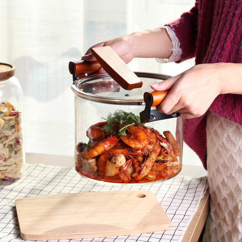 Wholesale Cookware Heat Resistant Glass Cooking Pot with Wooden Handle