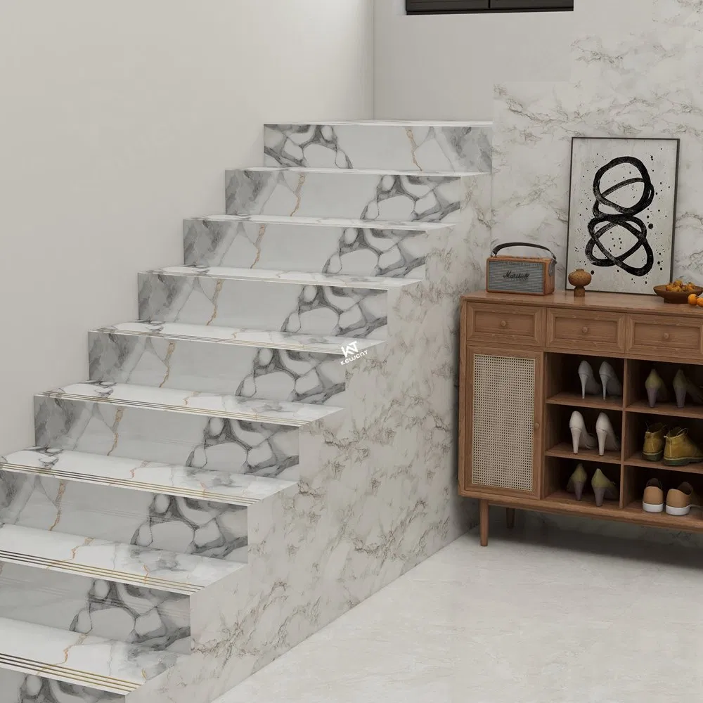 Foshan Modern Houses Anti Slip 470X1200 Polished Non-Slip Gold Plated White Stairs Steps Floor Tiles Design Tile for Stairs