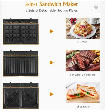 Wafleral 800W Stainless Steel Home Breakfast 2-Slice Sandwich Maker