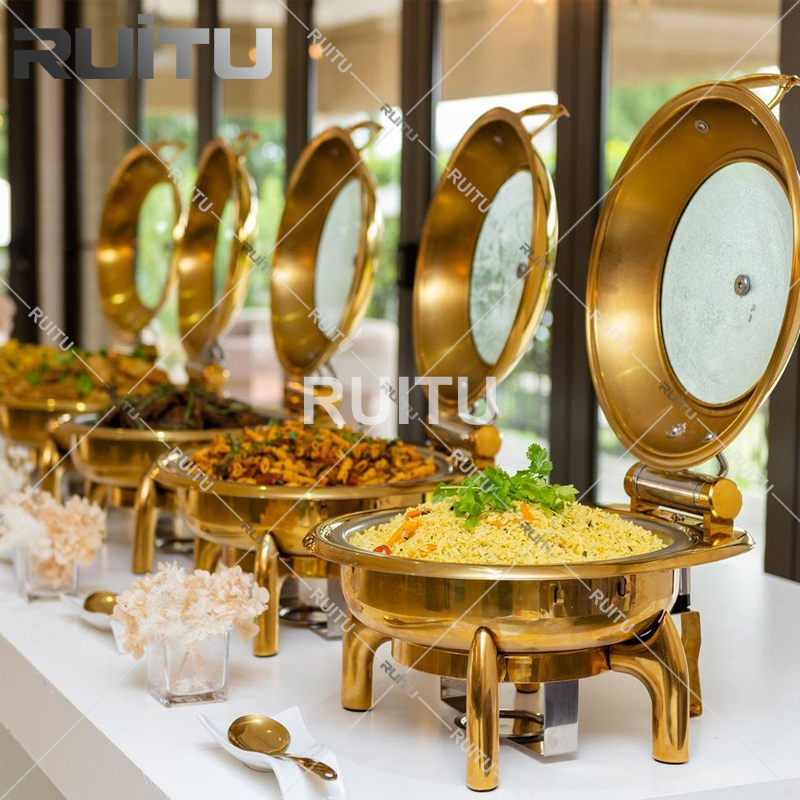Restaurant Equipment in Guangzhou 6L Chefing Dish Buffet Stove Catering Stainless Steel Round Hydraulic Chafing Dish with Glass Lid Luxury Gold Chaffing Dishes