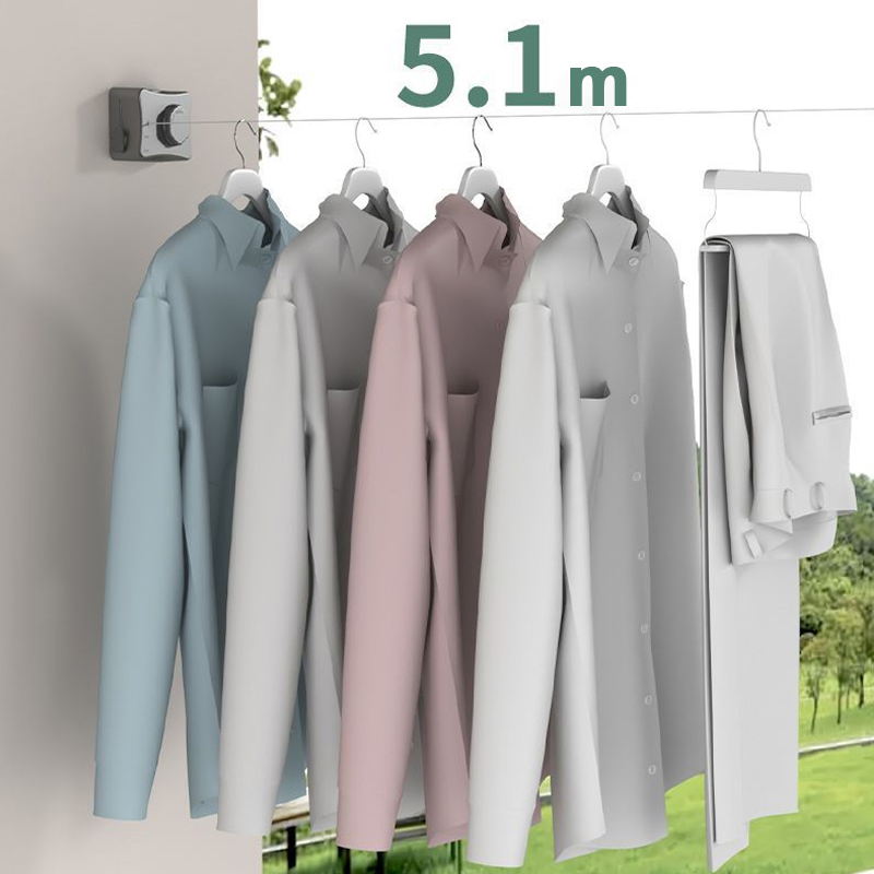 Sanipro Balcony Adjustable Laundry Line Clothes Drying Hanger Indoor 5.1m Retractable Steel Wire Clothesline Without Drilling