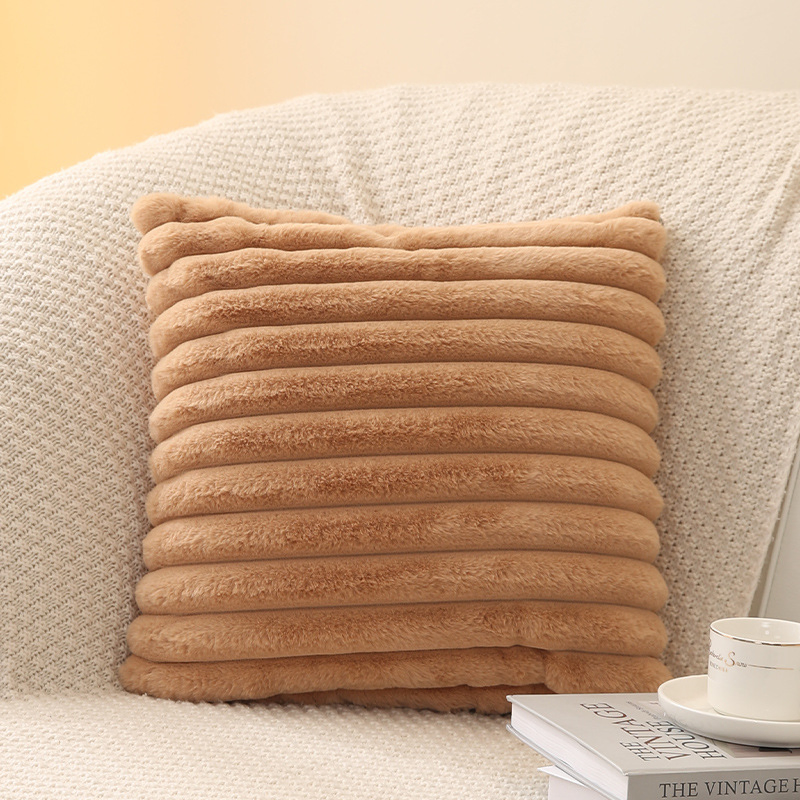 Xinlan Simple Striped Faux Rabbit Fur Throw Pillow Case Single Sided Solid Color Cushion Cover for Couch Bed