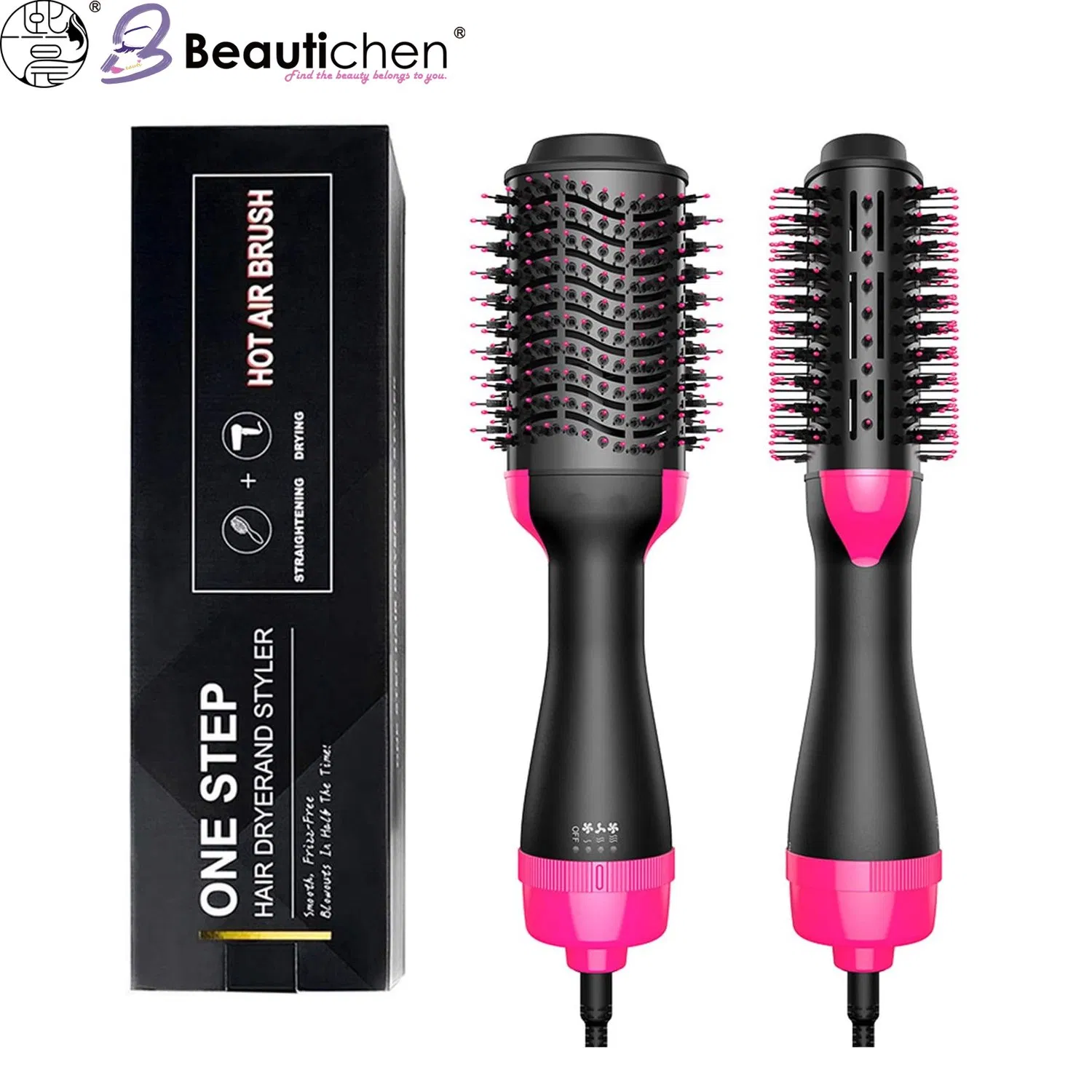 Beautichen 2-in-1 Hot Air Brush – Fast Drying & Straightening Blow Dryer Brush with Pink Accents, Anti-Frizz Ionic Styler for Wet & Dry Hair