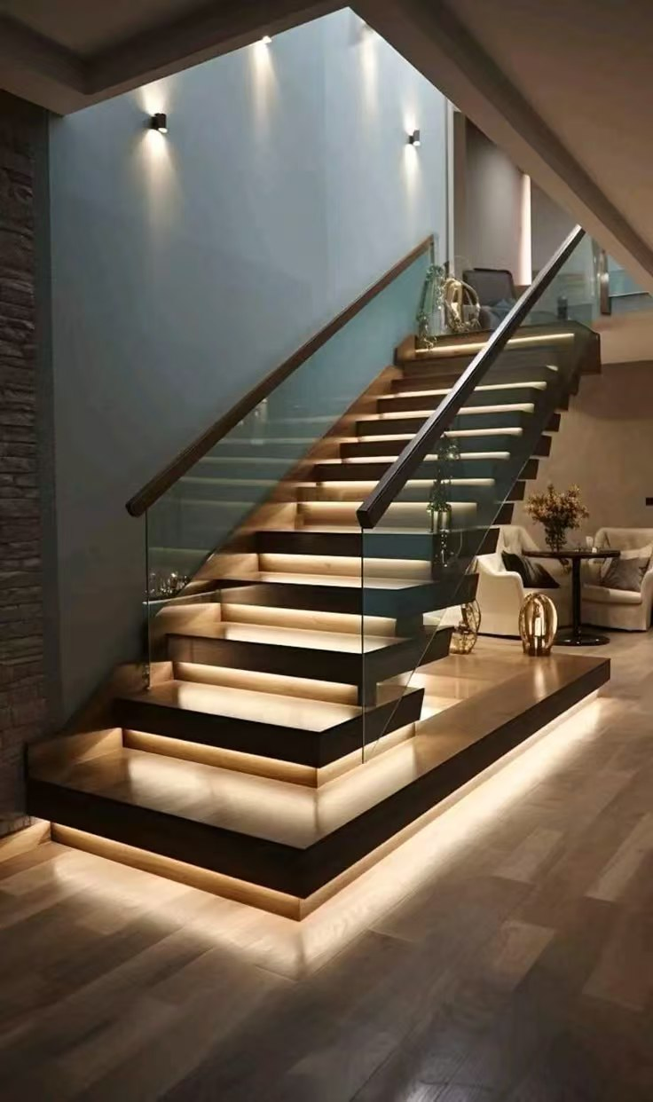 American White Oak Solid Wood Steel Staircase Straight Shape Centre Beam Glass Railing Stairs Design