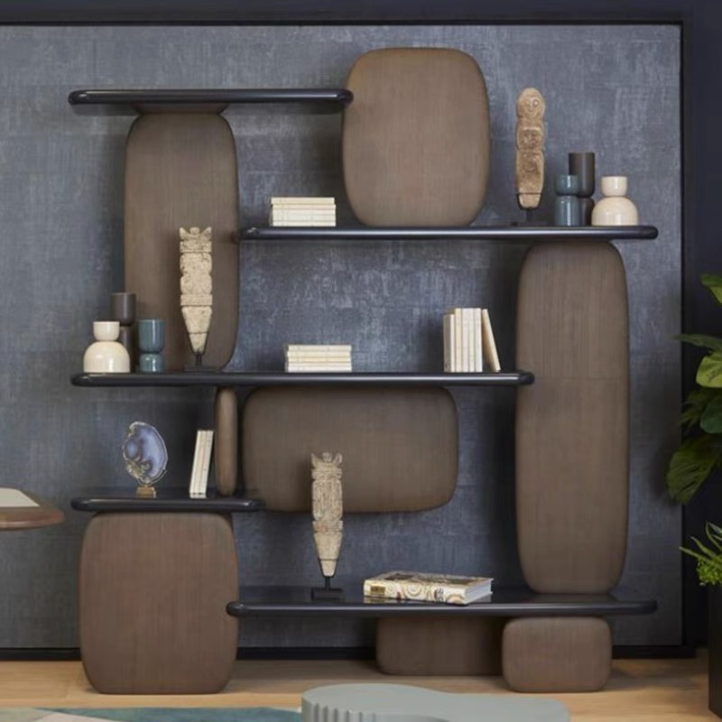 Консоль-стеллаж для гостиной деревянная черная с полками