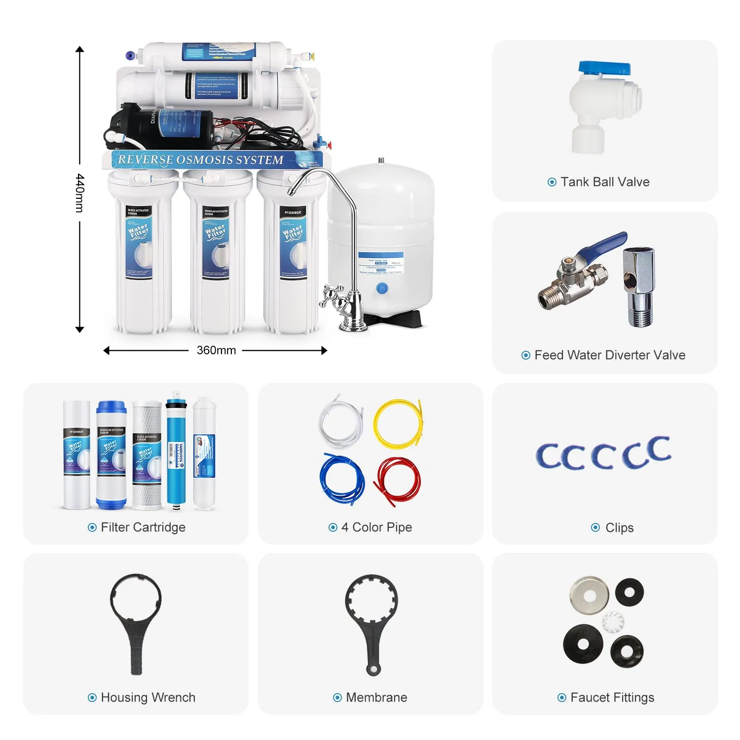 50gpd/75gpd/100gpd 5stage RO Water Purifier for Home White Reverse Osmosis Water Filter NSF Certificate