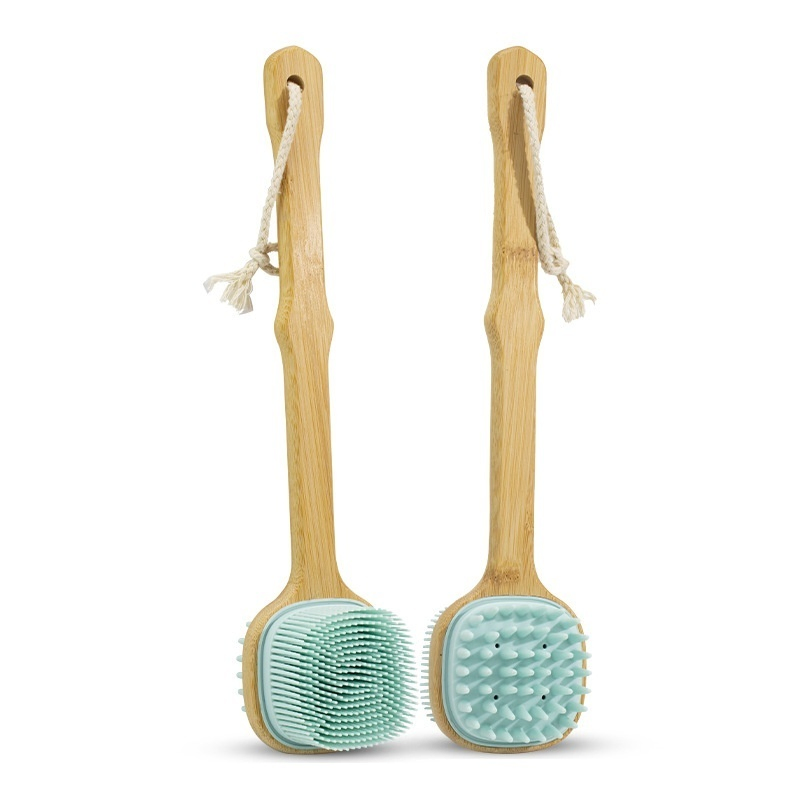 Long Handle Message 2 in 1 Exfoliating Soft Silicone Shower Brush Body Scrubber with Soft Bristles, Detachable Bamboo Handle