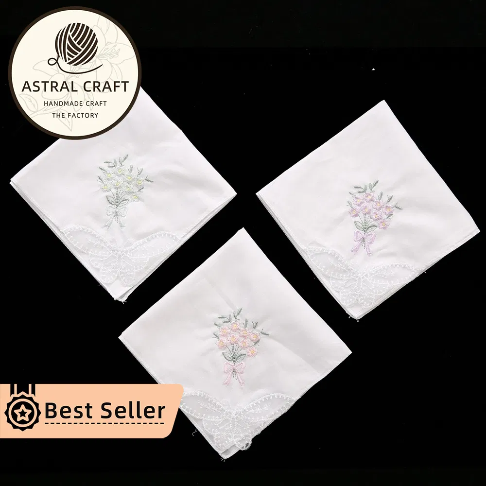 Custom 28cm Embroidered Cotton Handkerchief Bouquet of Flowers White Dinner Lace Linen Napkins