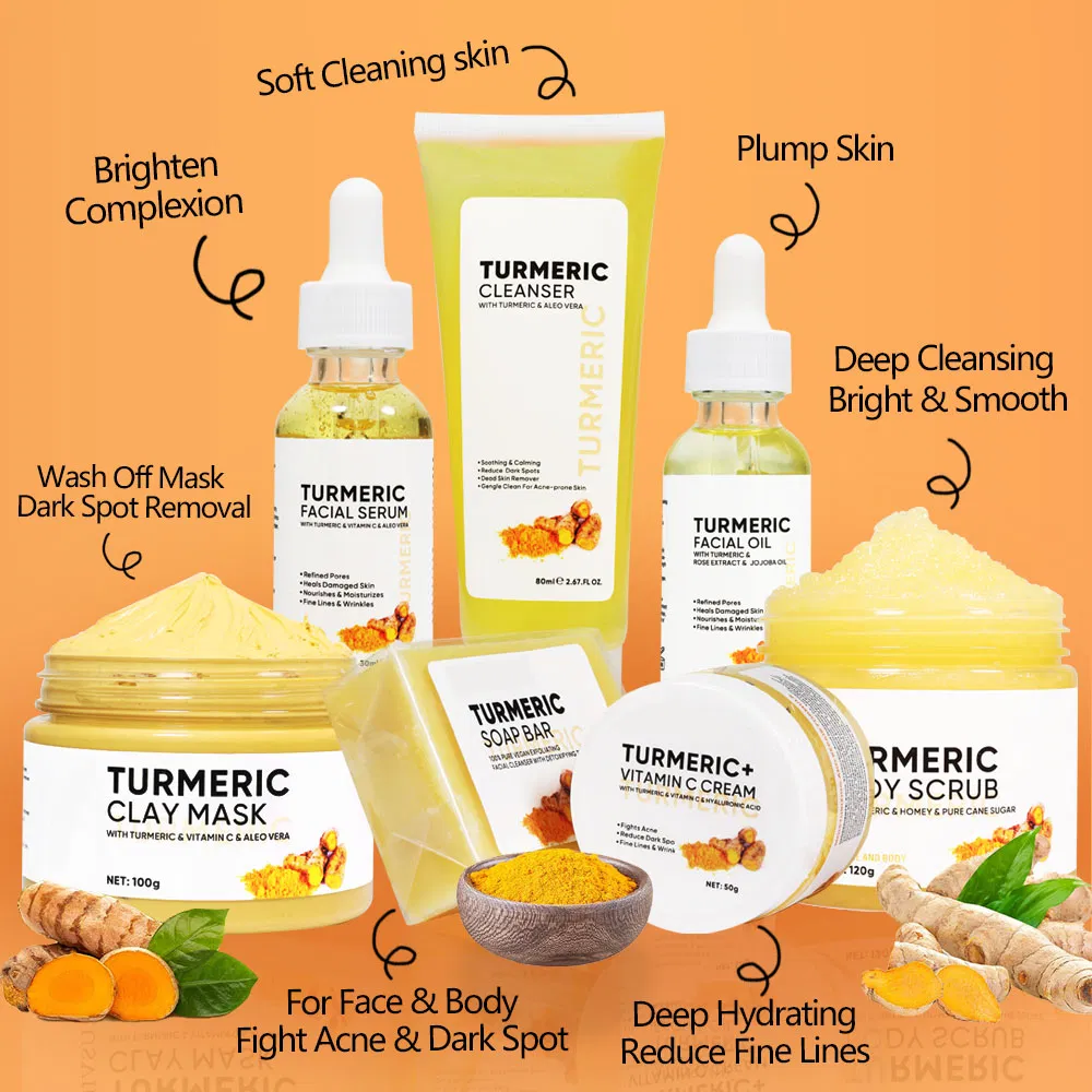 Custom Logo Turmeric Clay Mask Facial Serum Oil Soap Bar Face Cream Body Scrub Skincare Set
