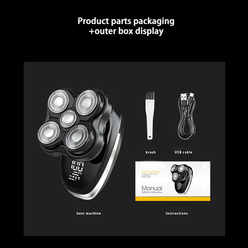 USB Rechargeable 5-Blade Electric Shaver Bald Head Hair Clipper with Digital Display