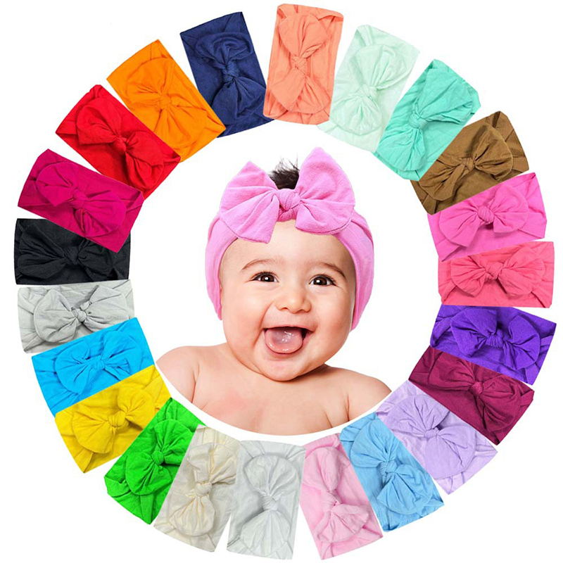 Kids Big Bow Soft Elastic Headband Solid Color Head Wrap Cotton Fabric Baby Bow Headbands