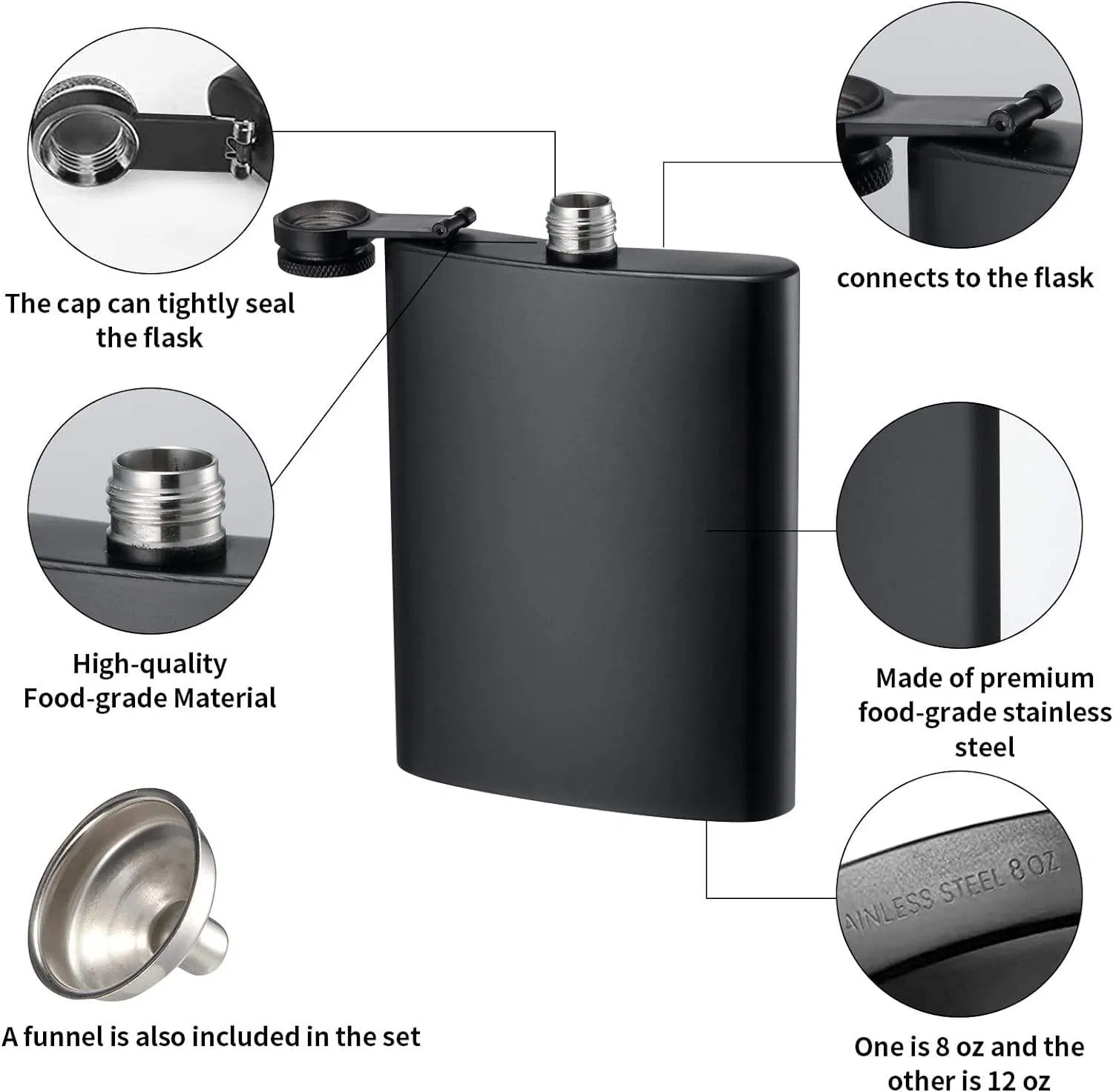 Stainless Steel Hip Flasks Whiskey Matte Black Hip Flask Gift Set 8 Oz Leather Round Hip Flask for Liquor