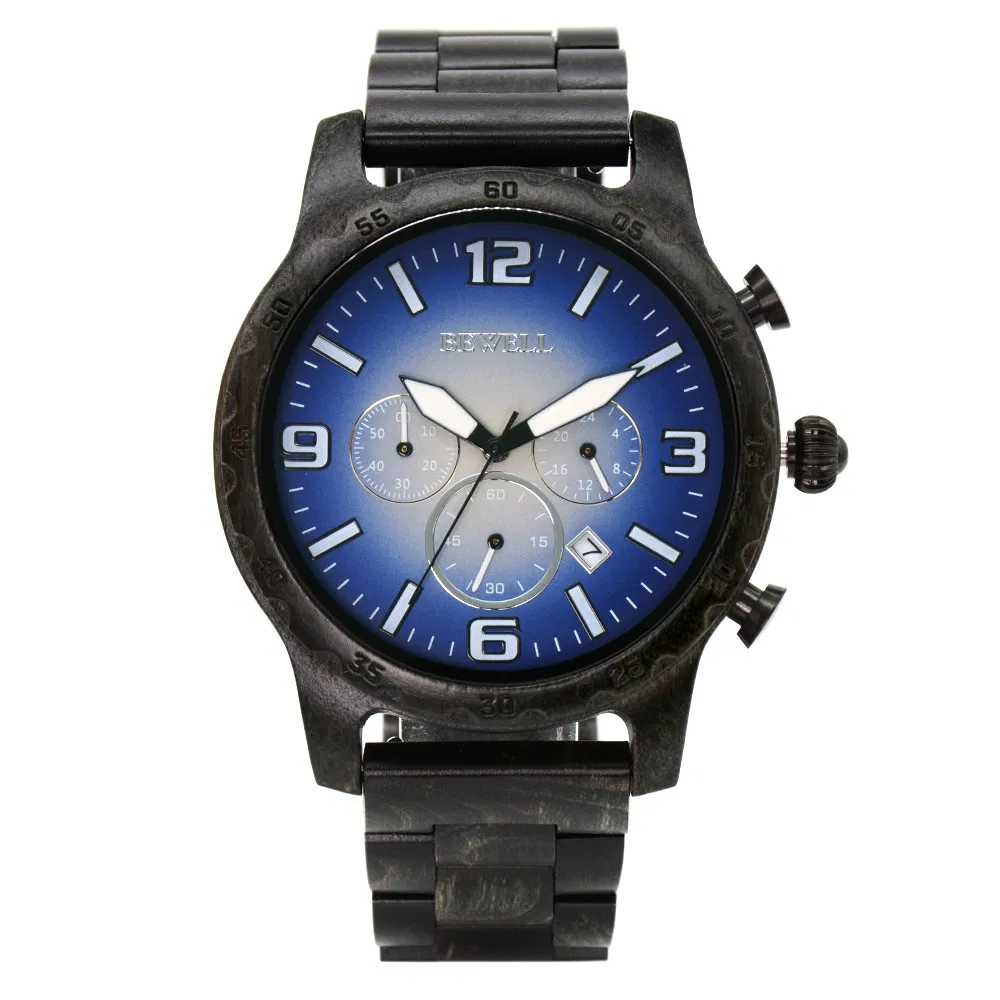 Hot Selling Black Color Dyed Wood Gradual Blue Color Dial Chronograph Watch