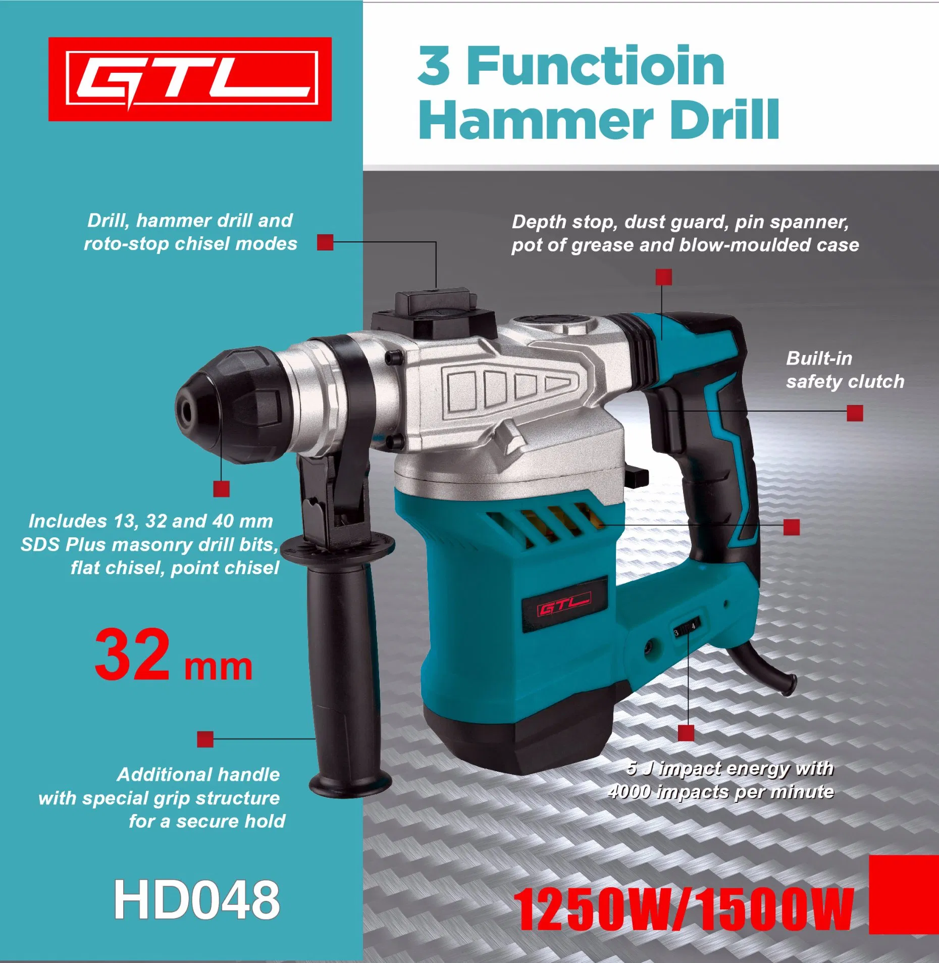 Power Tools 32mm Hammer Multifunctional Impact Drill for 1250W/1500W With3 Function (HD048)
