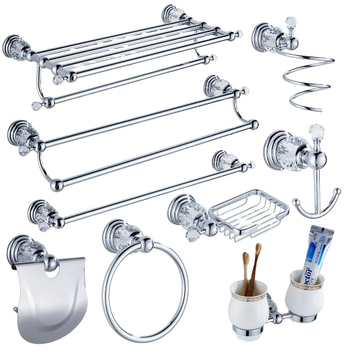 Modern Clear Crystal Bathroom Accessories Sets Silver Polished Chrome Bathroom Sets