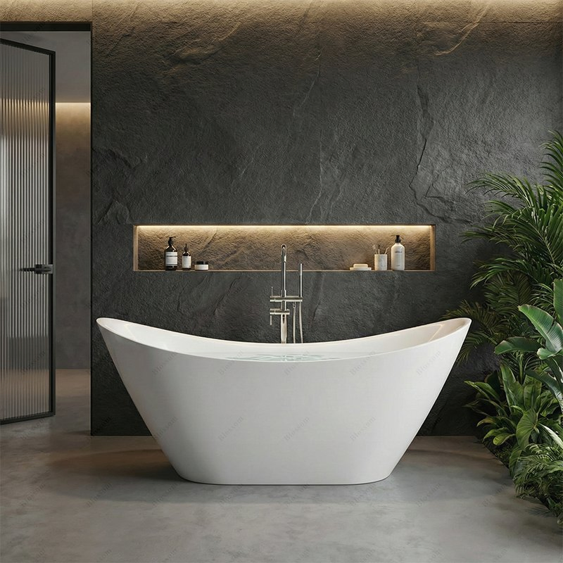 Deep Soak Freestanding Bathtub Sleek White Acrylic Modern Style Indoor Bathroom Tub