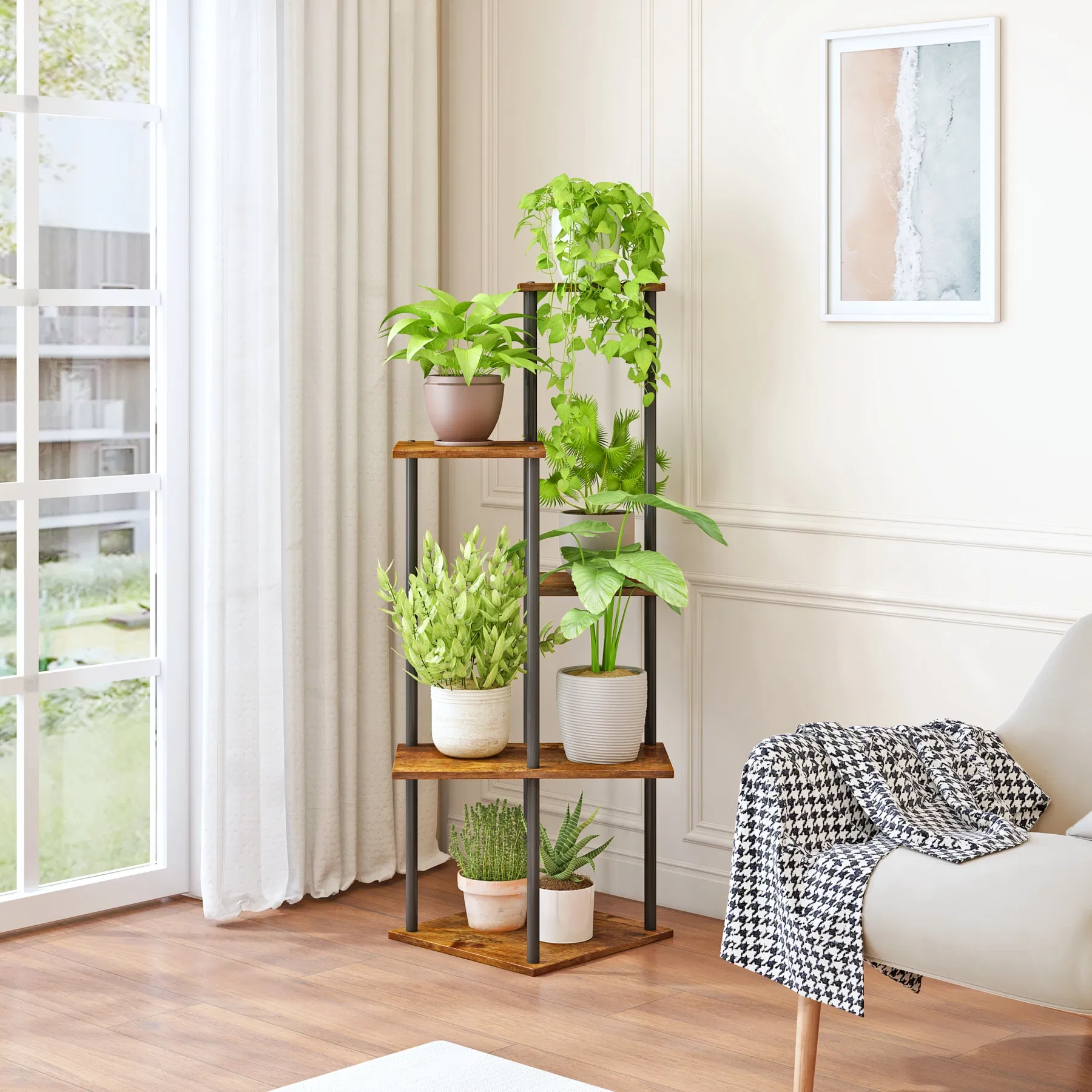 Rustic Brown 5-Tier Indoor Corner Plant Stand Shelf