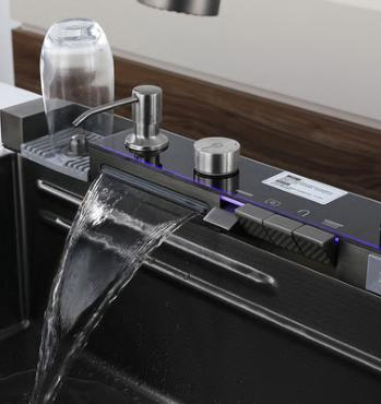 Cm7546c Wash Basin Kitchen Sinks Rainfall Faucet Stainless Steel Sink Single Bowl PVD Nano Black Water Fall Multifunctional Sink Smart with Accessories