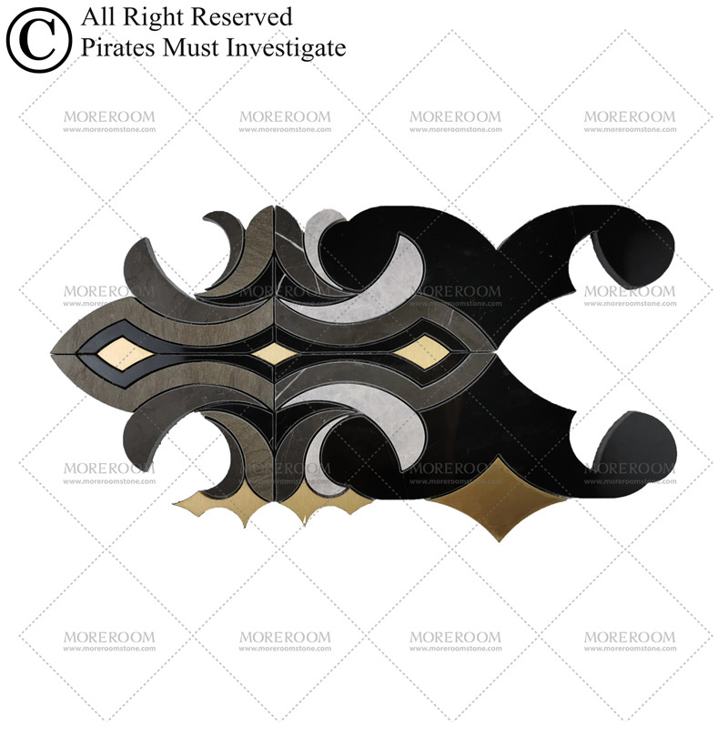 Мозаика из мрамора Water Jet Black Grey с латунной инкрустацией