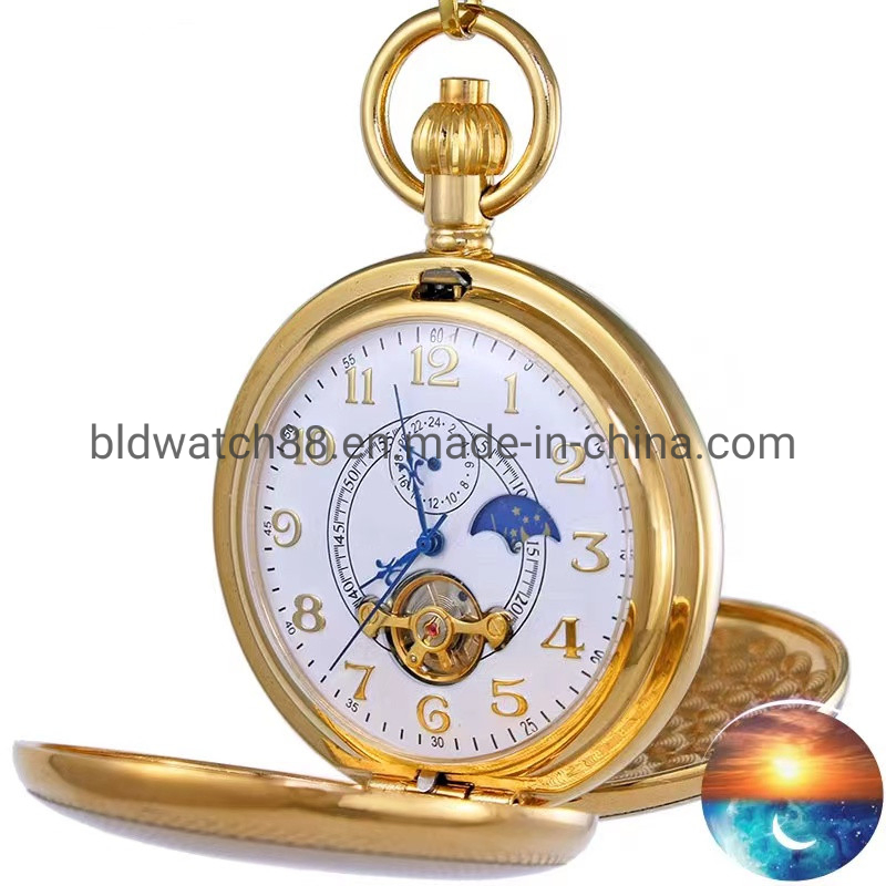 Custom Antique Gold Brass Hand Wind Mechanical Pocket Watch with Photo Face